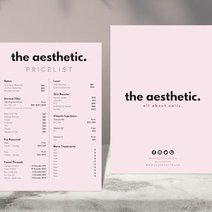 Modelos de design de lista de preços estéticos DIY, lista completa pré-fabricada, preenchimento labial de botox, injetáveis para remoção de gordura, salão de beleza, catálogo de menus