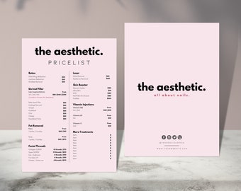 DIY Aesthetic Price List Design Templates, Pre Made Complete List, Botox Lip FIller Fat Removal Injectables Face, Beauty Salon, Menu Catalog