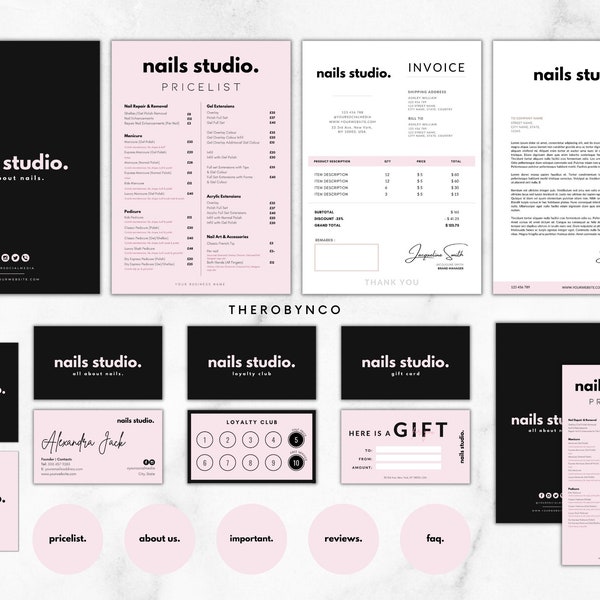 MEGA Nagelstudio Großes Branding Kit Bundle Vorlagen Set Paket Design, Preisliste, Business Geschenk Treuekarte, Marken Kit, Komplett, Logo