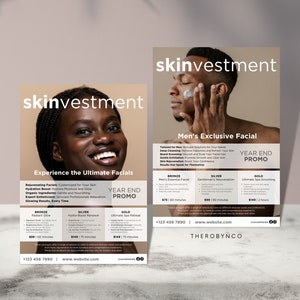 Szablony ulotek członkostwa w Facial Skincare. Salon kosmetyczny, edytowalny do wydruku natychmiastowego, pakiety usług na twarz, mężczyźni i kobiety