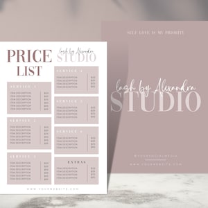Può includere: Un listino prezzi bianco per i servizi di ciglia con il titolo "Lash by Alexandra Studio". Il listino include i prezzi per diversi servizi, come ciglia classiche, ciglia ibride e ciglia voluminose. Il listino include anche i prezzi per gli extra, come la tinta per ciglia e il lifting delle ciglia. La parte inferiore del listino include l'indirizzo del sito web "www.yourwebsite.com".