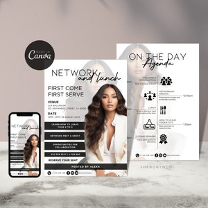 May include: A black and white flyer featuring a woman's face. The flyer advertises a networking and lunch event. The text on the flyer reads "Network and Lunch, First Come First Serve, Venue: Lux Ballroom, 123 Anywhere Street, CA, Date: 12PM-2PM, 28 August 2024, Learn How to Leave Your 9 to 5, Network Meet & Greet, Opportunities for Collaboration, £25 per seat, 2 for £40, Reserve Your Seat, Hosted by Alexa, On the Day Agenda, Welcome & Introduction, Networking Session, Lunch, How to Leave Your 9 to 5, Closing Remarks, Therobynco."