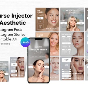 Modelli di post Instagram fai da te per Botox e filler Design dei contenuti, modificabili, accesso immediato, post sui social media per saloni di bellezza estetici Pubblicizza