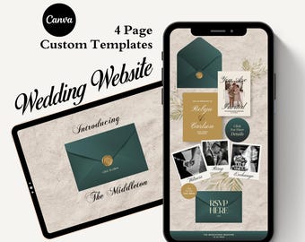 Luxury Green & Gold Wedding Website Template with RSVP, Editable Canva Design, Digital Wedding Invitation, Digital Download