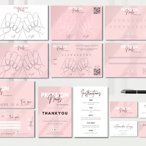 DIY PINK Branding Bundle Press On Nails Vorlagen Kartenset Kit, Anleitung, Nail Sizing Kit Design, Geschäftsname, Danke