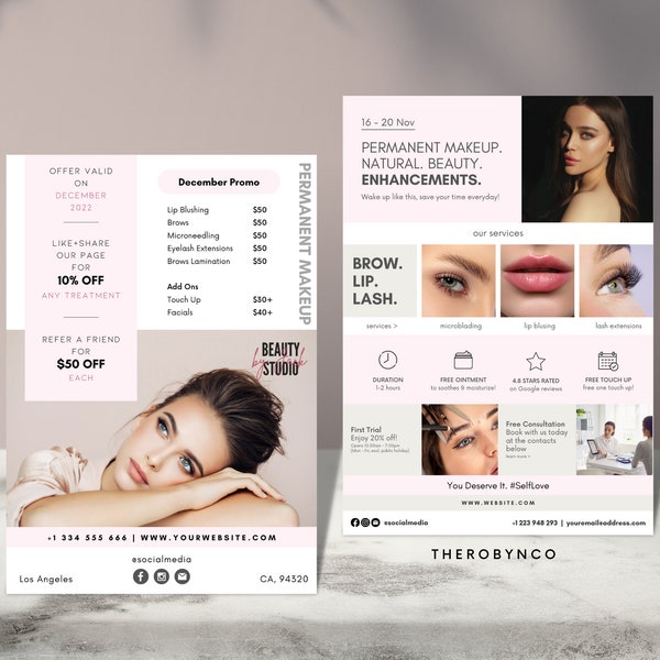 Beauty Flyer Brand Awareness Templates, Hair Nail Makeup Salon, Editable, Printable, Instant, Promotion, Pink Modern Minimalist, PMU Ads