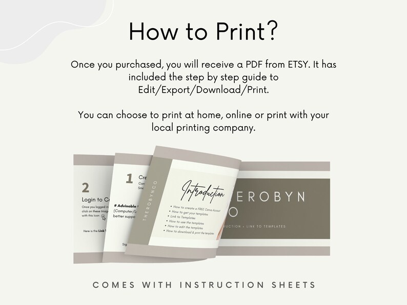 May include: A close-up of a folded instruction sheet with the text "How to Print?" and "COMES WITH INSTRUCTION SHEETS". The sheet is beige with brown text and a brown background. The sheet is folded in half and the text is visible on both sides.