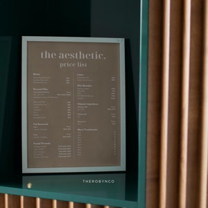 May include: A framed price list for aesthetic services, with the text "THE AESTHETIC. price list." The list includes services like Botox, dermal fillers, and laser treatments. The frame is white, set against a teal background, with a wooden slatted wall in the background.