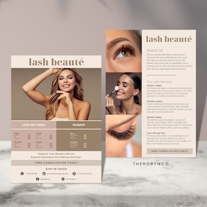 May include: A flyer for a lash and makeup salon called "lash beauté". The flyer features a price list for lash sets and makeup services, along with a description of the salon's services. The flyer also includes a call to action to book a free consultation.