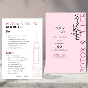 DIY Botox Filler Nazorg Kaartontwerp Mini-sjablonen, bewerkbaar, afdrukbaar, instant, esthetische schoonheidspostverzorging, injectables, gezichtsgids