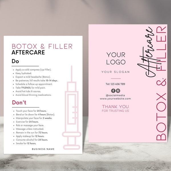 Mini-modèles de conception de cartes de soin au Botox, modifiables, imprimables, instantanés, soins de beauté esthétiques, produits injectables, guide du visage