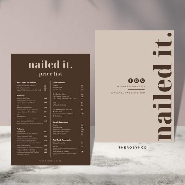 DIY Nail Salon Price List Design Templates, Pre Made Editable Printable, Catalog Menu Full Details, Beauty Business, Manicure Brown Complete