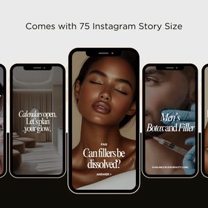 May include: A collage of five Instagram story sized images promoting Botox and Filler treatments. The images feature a variety of people, including a woman with closed eyes, a man with a close-up of his face, and a woman in a bodycon dress. The text on the images includes "Botox & Filler Promo", "Calendars open. Let's plan your glow.", "FAQ Can fillers be dissolved?", "Men's Botox and Filler", and "Body Contour. Shape. Sculpt. Define."