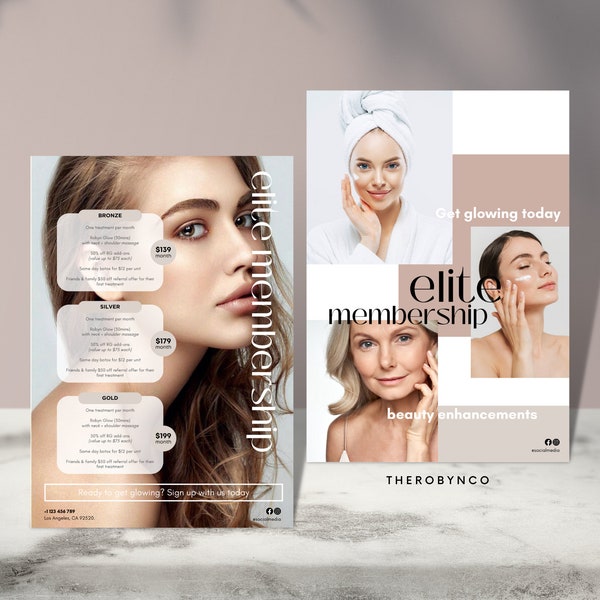 Beauty Facial Salon Flyer Menu Templates, Modern, Membership Package Set Promotion , Pricing Menu, Editable DIY Aesthetic Brand Awareness