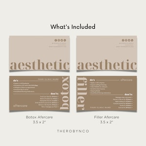 May include: Two brown business cards with the word "aesthetic" in a large font. The cards are for Botox and Filler aftercare, with a list of "do's" and "don'ts" for each treatment. The cards are 3.5 inches by 2 inches.