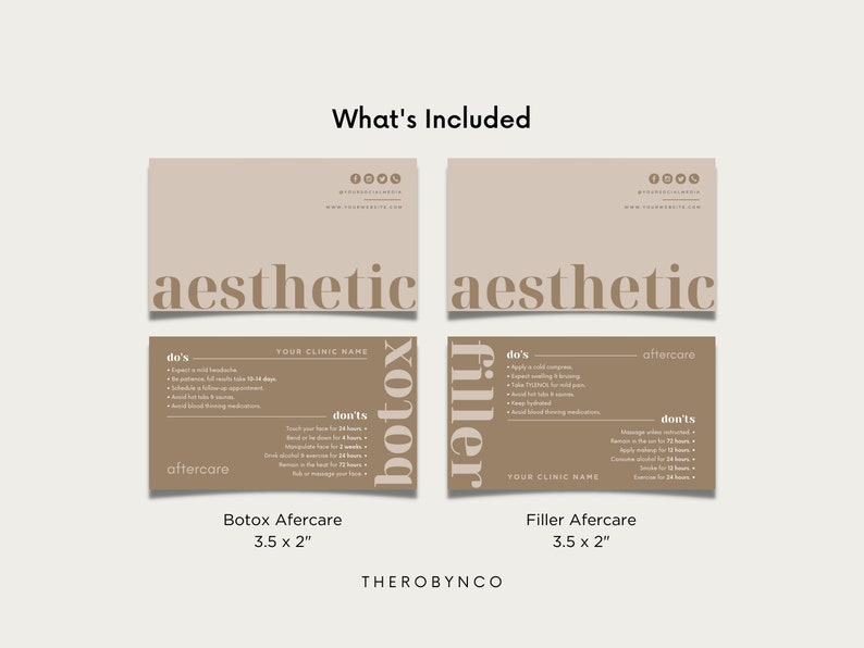 May include: Two brown business cards with the word "aesthetic" in a large font. The cards are for Botox and Filler aftercare, with a list of "do's" and "don'ts" for each treatment. The cards are 3.5 inches by 2 inches.