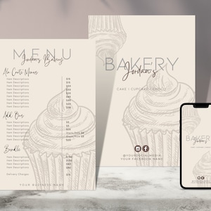 May include: A menu for Jordan's Bakery, offering a selection of cakes, cupcakes, and other baked goods. The menu lists prices for each item and includes sections for add-ons and bundles. The bakery's social media details are also provided.