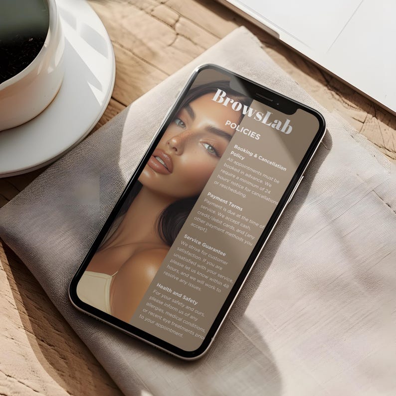 May include: A smartphone displays the "BrowsLab" policies, including booking, payment, and service guarantee details. The screen shows a portrait of a woman with makeup. The phone rests on a neutral-toned cloth, with a coffee cup and a laptop visible.