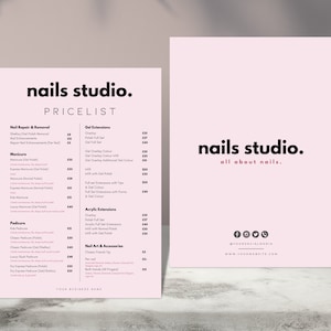 Modelos de design de lista de preços de salão de beleza DIY, pré-fabricados editáveis para impressão, menu de catálogo, detalhes completos, negócios de beleza, manicure rosa, completo