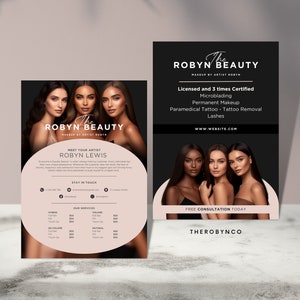Puede incluir: Un folleto en blanco y negro para Robyn Beauty, una maquilladora. El folleto presenta una foto de tres mujeres con los ojos cerrados. El folleto enumera los servicios que se ofrecen, que incluyen microblading, maquillaje permanente y extensiones de pestañas. El folleto también incluye el texto "The Robyn Beauty" y "Meet Your Artist Robyn Lewis".