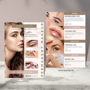 Plantillas de reconocimiento de marca de folletos de belleza, Salón de maquillaje de uñas para el cabello, Editable, Imprimible, Instantáneo, Promoción, Minimalista moderno rosa, Anuncios de PMU