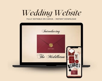Luxury Red & Burgundy Maroon Wedding Website Template with RSVP, Editable Canva Design, Digital Wedding Invitation, Digital Download