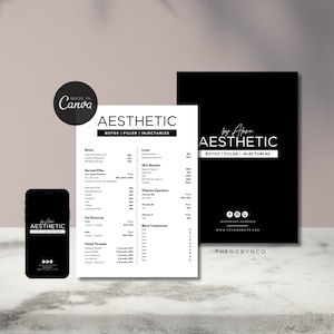 Modelos de design de lista de preços estéticos DIY, lista completa pré-fabricada, preenchimento labial de botox, injetáveis para remoção de gordura, salão de beleza, catálogo de menus