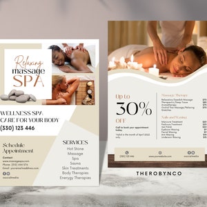 DIY Massage Spa Beauty Flyer Templates Design, Editable Printable, Instant Access, Boutique, Body Massage Therapy Treatment, Advertisement