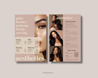 DIY Beauty Salon Flyer Price List and Booking Policy Templates Design, Hair Nail Makeup Editable Printable Promotion Esthetician PMU Canva