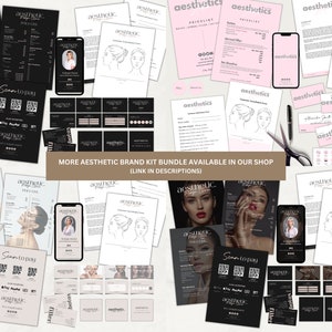 May include: A collection of printable templates for an aesthetic brand kit. The templates include a price list, a customer consultation form, gift cards, business cards, and social media graphics. The templates are in black, white, and pink.