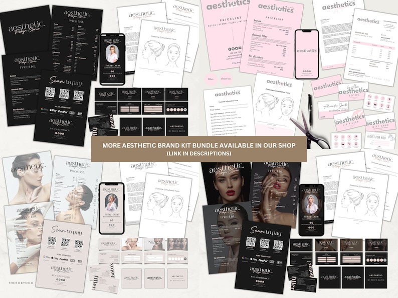 May include: A collection of printable templates for an aesthetic brand kit. The templates include a price list, a customer consultation form, gift cards, business cards, and social media graphics. The templates are in black, white, and pink.