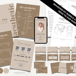 May include: A collection of aesthetic branding materials in beige and brown tones. Includes price lists, business cards, a phone displaying a business card, and customer consultation forms. The text "the aesthetic" is prominently featured.