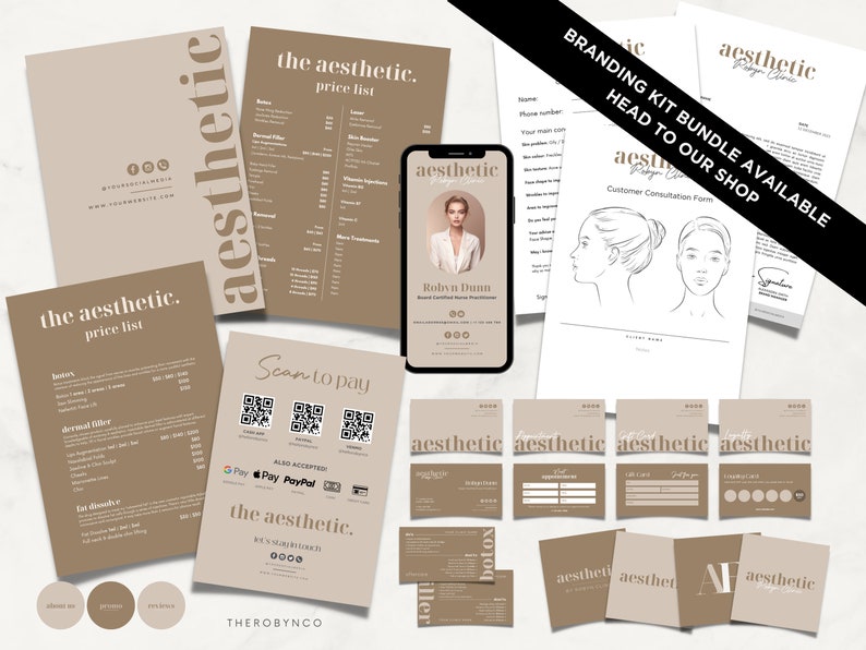 May include: A collection of aesthetic branding materials in beige and brown tones. Includes price lists, business cards, a phone displaying a business card, and customer consultation forms. The text "the aesthetic" is prominently featured.