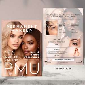 Szablony ulotek PMU Beauty, salon kosmetyczny, salon fryzjerski, do edycji, do druku, natychmiastowe, promocja, różowy nowoczesny minimalistyczny, reklamy PMU