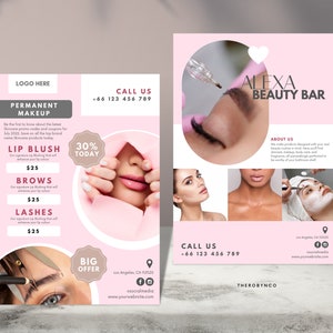 Beauty Flyer Brand Awareness Vorlagen, Haar Nagel Makeup Salon, bearbeitbar, druckbar, Sofort, Promotion, Pink Modern Minimalist, PMU Ads