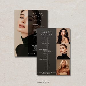 Puede incluir: Dos folletos promocionales en blanco y negro para Alexa Beauty. Los folletos presentan imágenes de mujeres y enumeran servicios de belleza como Botox, rellenos dérmicos, tratamientos con láser e inyecciones de vitaminas. El logotipo de Alexa Beauty está en la parte superior de los folletos.