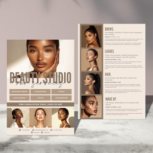 May include: A flyer for a beauty studio advertising services such as brows, lashes, hair, and makeup. The flyer features a brown background with a white text overlay. The text includes the words "Beauty Studio" and "Our Services". The flyer also includes a list of services offered, including microblading, micro-needling, and makeup. The flyer also includes a free consultation offer.
