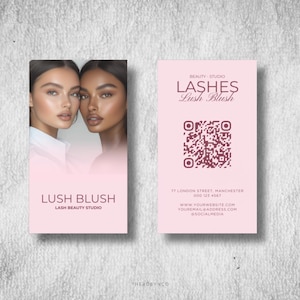 Biglietto da visita fai da te per bellezza, ciglia, capelli e trucco, biglietto da visita con codice QR per social media, biglietto da visita rosa moderno e alla moda, biglietto da visita per estetista, centro estetico