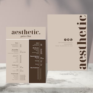 Modelos de design de lista de preços estéticos DIY, lista completa pré-fabricada, preenchimento labial de botox, injetáveis para remoção de gordura, salão de beleza, catálogo de menus