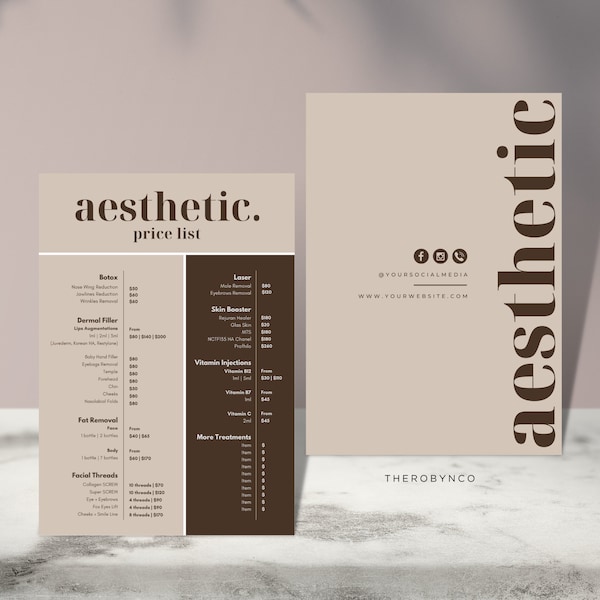 DIY ästhetische Preislisten-Design-Vorlagen, vorgefertigte komplette Liste, Botox Lip Filler Fettabbau Injizierbare Gesicht, Schönheitssalon, Menü-Katalog