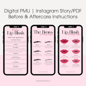 Plantilla de cuidado posterior de PMU, cuidado posterior digital de Microblading de rubor de labios editable, proceso de curación de instrucciones de atención previa a la cita, best seller