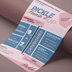 Szablony ulotek do gry w pickleball, projekt modny, nowoczesny, minimalistyczny, w pełni edytowalny, Canva do druku, sportowa rakieta, różowo-niebieska ulotka turniejowa