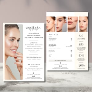 Design de modelos de folheto de beleza para preenchimento dérmico de botox DIY, reconhecimento de marca editável para impressão, instantâneo, salão de estética promocional, propaganda