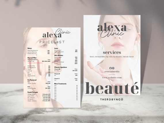 DIY Aesthetic Price List Design Templates, Pre Made Complete List, Botox Lip FIller Fat Removal Injectables Face, Beauty Salon, Menu Catalog