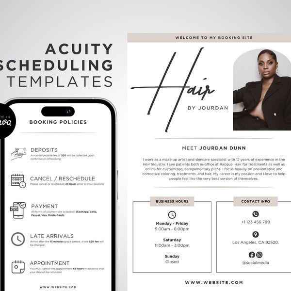 Hair Stylist Acuity Scheduling Template, Acuity Scheduling Template, RSVP Online Booking Site, Hair Stylist Policies Website, Canva Template