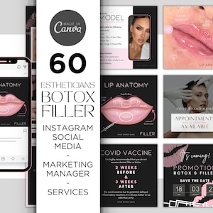 May include: A set of six Instagram social media post templates for an esthetician's business. The templates feature a black background with pink and white text and graphics. The text includes "60 Estheticians Botox Filler", "Lip Anatomy", "Appointments Available", "COVID Vaccine", and "It's coming! Promotion Botox & Filler".