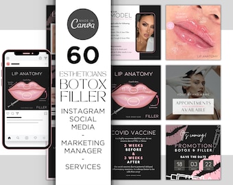 DIY 60 Botox and Filler Instagram Post Templates Content Design, Editable Instant Access Aesthetic Beauty Salon Social Media Aftercare Black