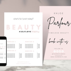 Modelos de lista de preços rosa DIY KHLOE, editáveis, imprimíveis, instantâneos, versão divertida, salão de beleza, maquiagem para unhas, salão de beleza, catálogo de menu exclusivo
