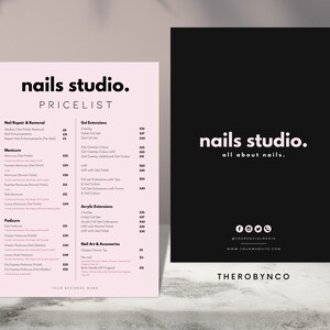 Modelos de design de lista de preços de salão de beleza DIY, pré-fabricados editáveis para impressão, menu de catálogo, detalhes completos, negócios de beleza, manicure rosa, completo