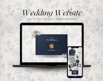Luxury Blue & Floral Toile De Jouy Wedding Website Template with RSVP, Editable Canva Design, Digital Wedding Invitation, Digital Download